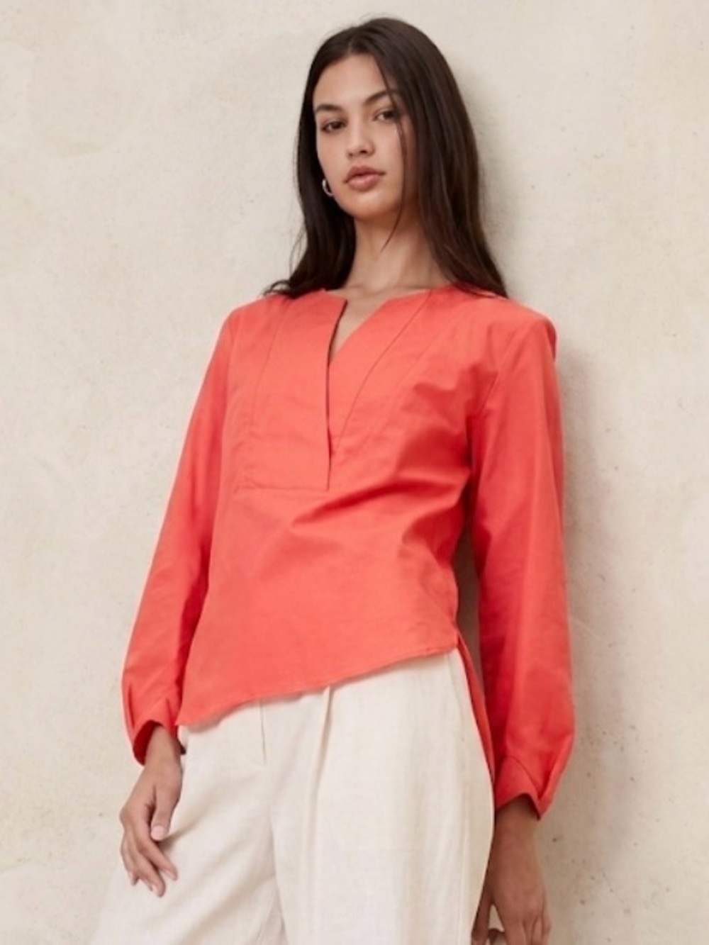 Banana Republic Factory Coral Split-Neck Long-Sleeve Blouse